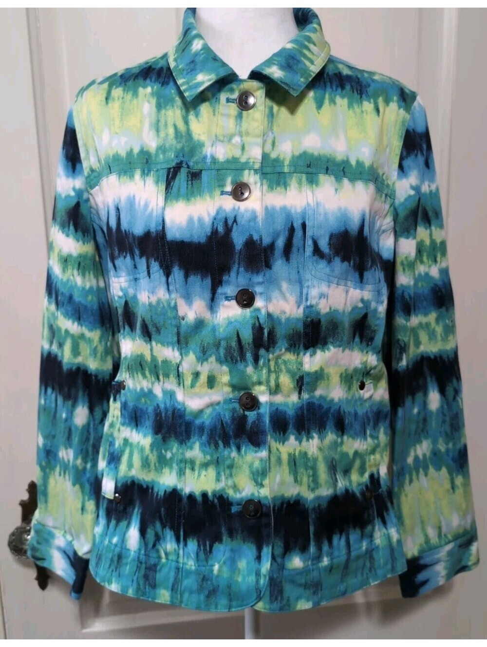 Chicos Artisan Tie Dye Lightweight Denim Jacket Boho Festival Woman's 1(M)(C)